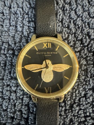 Olivia Burton London Watch Black Leather Band gold tone Queen Bee New  Battery