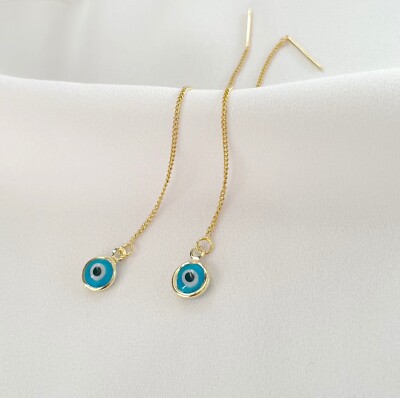 Threader Ohrringe, Evil Eye Threader Earrings, 18K Gold Plated Brass Threader