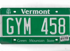 VERMONT passenger 2018 license plate "GYM 458" ***NATURAL***GYM PLATE