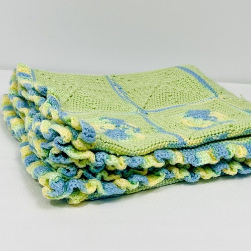 Afghan Blanket Baby Toddler Country Blue Spring Green Ruffle Edges 28”x44” Tight - Picture 12 of 12