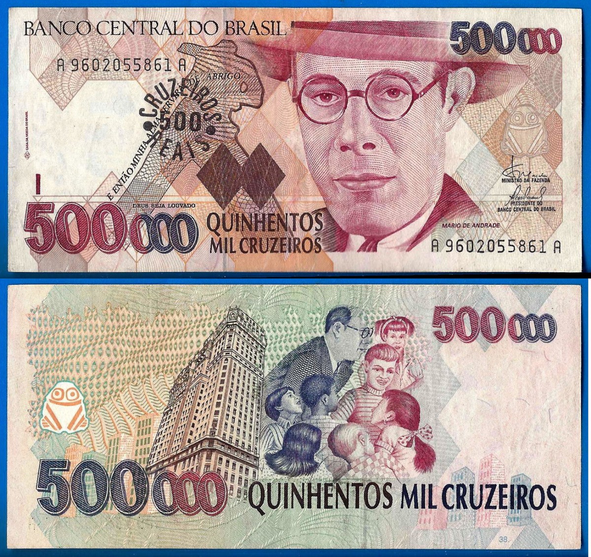 Brazil 500000 Cruzeiros 1993 Stamped 500 Reais Serie A Free Ship Wld