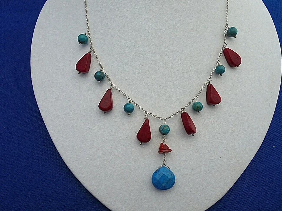 Collar Artesanal Piedra Mixta 16" Jaspe Turquesa Facetado Azul Gota 925 Cadena Foto 3 de 4