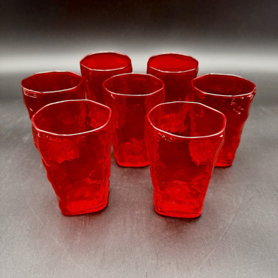 Morgantown CRINKLE RUBY Red 4 1/8'' Flat Tumbler Juice Glass SET/7 Vintage USA