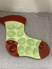 Corsica Christmas Stocking Ceramic Deviled Egg Plate Holds a Dozen Red & Green