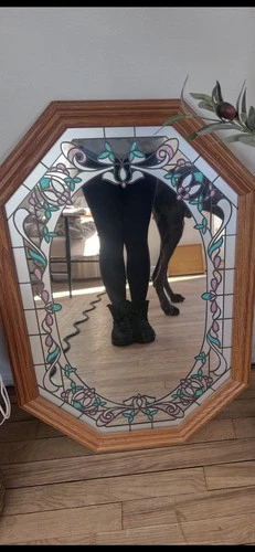 Vintage 80s Marsel Octagon Tiffany Stained Glass Floral Etched Mirror Oak Frame