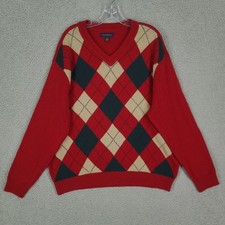 Club Room Sweater Mens Xl 100 Lambswool Argyle V Neck Green Red Christmas