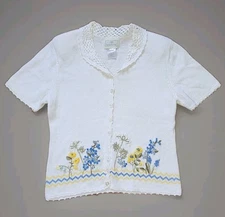 Vintage Susan Bristol Hand Embroidered Button-Up Top | Floral Design | Size Sm