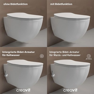 CREAVIT FREE Hänge Wand Dusch Taharet Bidet Toilette Spülrandlos Deckel Armatur