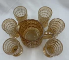 VTG Jeanette Button and Bows Depression Glass 4" Tumbler Set Of 6 W/ Pitcher