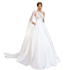 IS-NWT US16 A-Line Satin Wedding Dresses O-Neck Sleeveless Lace 3D Flower Train