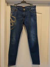 Roberto Cavalli skinny jeans w/snake motif, waist 32, inseam 29, euro 46 Sz 14