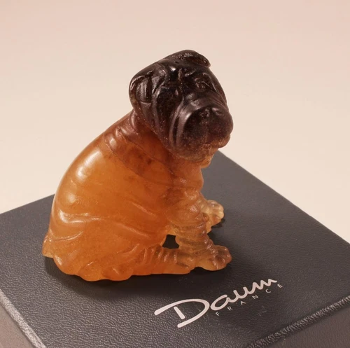 DAUM PATE-DE-VERRE GLASS CHIEN SHAR PEI PUPPY DOG FIGURINE PAPERWEIGHT w/ BOX