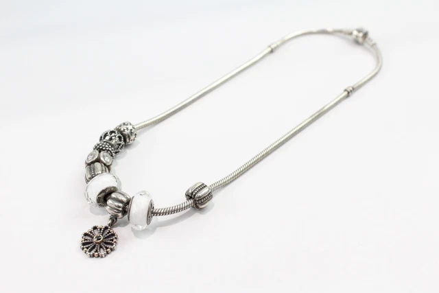 03 Pandora Sterling Silver Charm Necklace Glass Stone Set Ornate (52g)