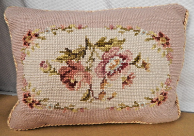 Vintage Floral Pink Shabby Chic Needlepoint Wool Throw Pillow Velvet Back 13''