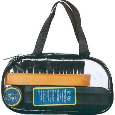 Allary Shoe Care Travel Case with black and brown liquid polish and brush