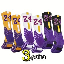 3 Pairs Mens Kids Sport socks Basketball Purple Gold 24