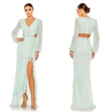 NWT Mac Duggal 5745 Sequined Faux Wrap Cut Out Puff Sleeve Gown Size 4