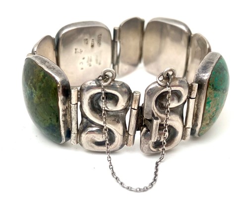 Vintage Taxco Mexico Sterling Silver Chrysocolla Mayan Bracelet 54.8g 7"