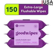 Flushable Lavender Wipes Aloe Vitamin E Gentle Plant-Based Resealable Soft 150ct