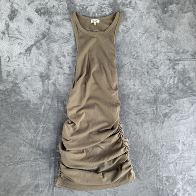 #ad Ruched Side Tank Dress Ribbed Bodycon Neutral Minimalist Taupe Midi Sz Lg $24.99