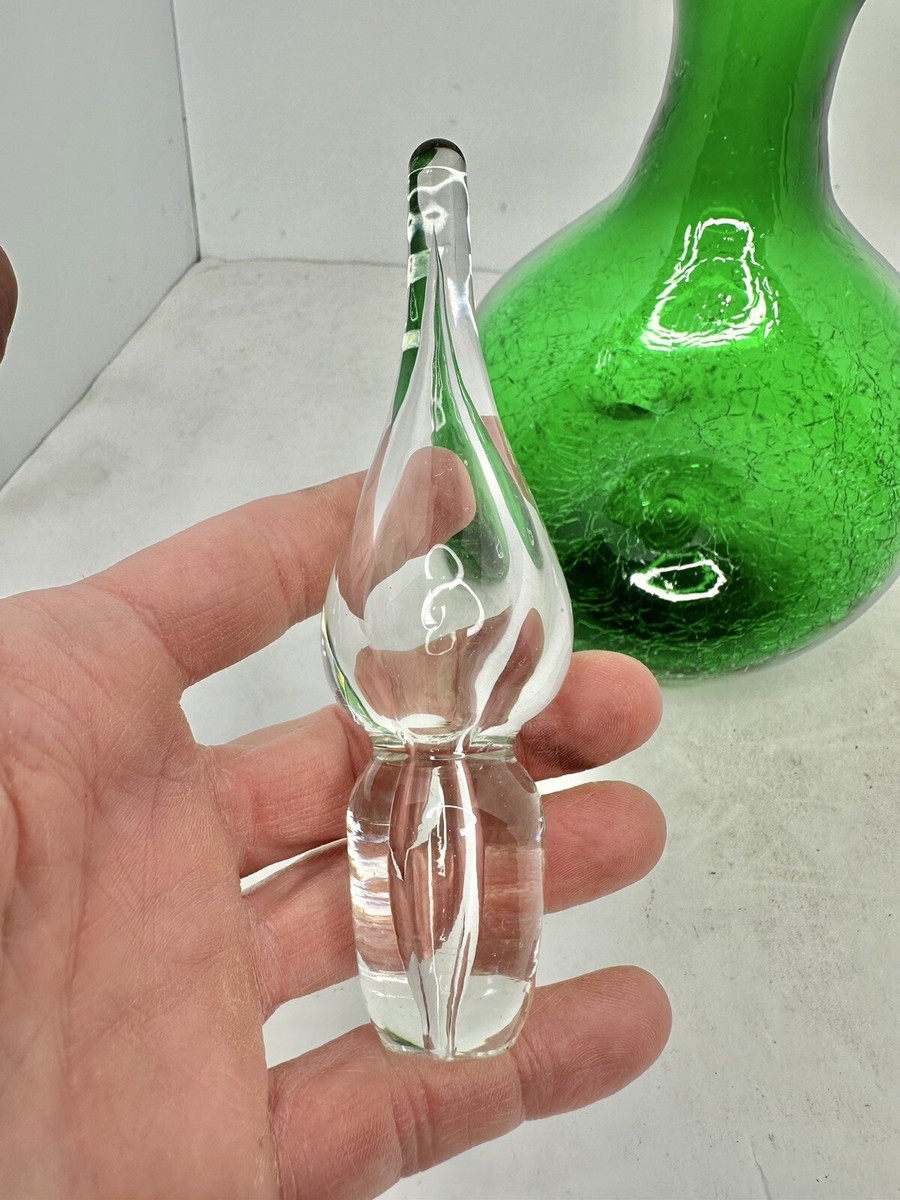 Vintage MCM Bischoff Glass Emerald Crackle Pinched Decanter 11.5