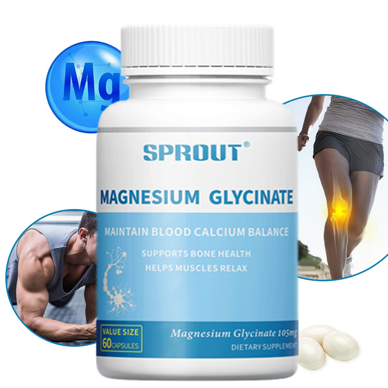 Glicinato de Magnesio 105mg - 60 Cápsulas Para Dormir, Alivio del Estrés Apoyo Hueso