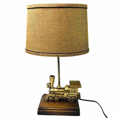 Vintage Heavy Gold Brass Railroad Steam Train Table Lamp Light Wood Burlap Shade