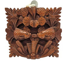 Vintage Balinese Hand Carved Wood Wall Plaque Diorama Deep Relief Koi Fish Boho