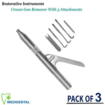 Pack Of 3 - Dental Hand Instruments Crown Bridge Remover Gun With 5 Attachments