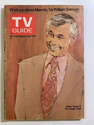 TV GUIDE JULY 1974 JOHNNY CARSON Fuchs art MANNIX Buddy Ebsen CANNON
