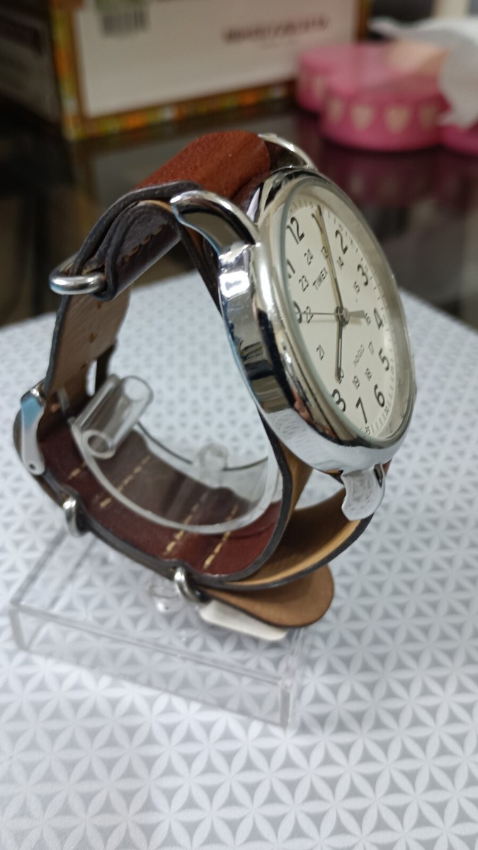 TIMEX Weekender Men's Watch Silver T2P495 Leather NATO Band 40 mm