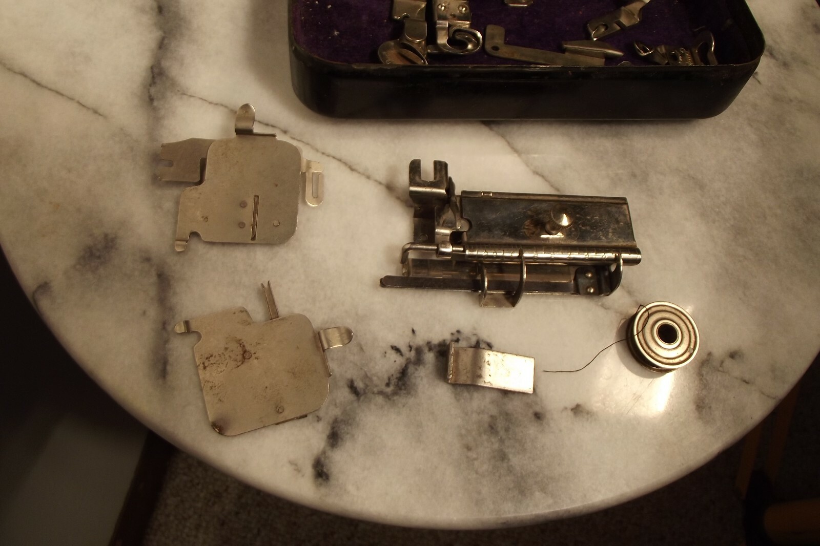 Vintage White Sewing Machine Parts Lot of two w/Original Tin Boxes Many