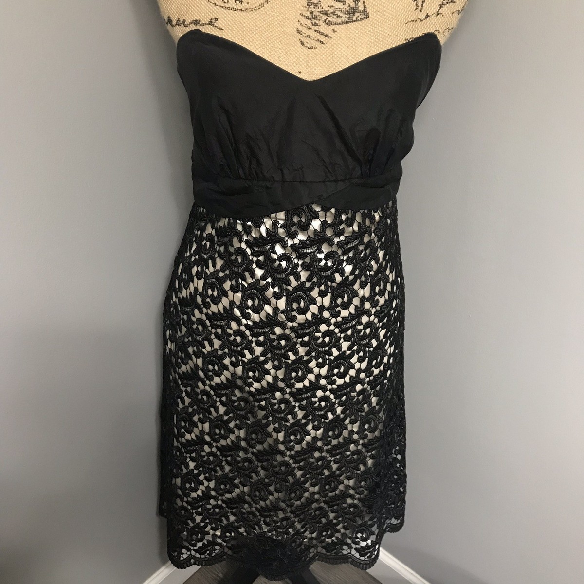 White House Black Market Strapless Silk Crochet Lace Black Dress Women’s  Size