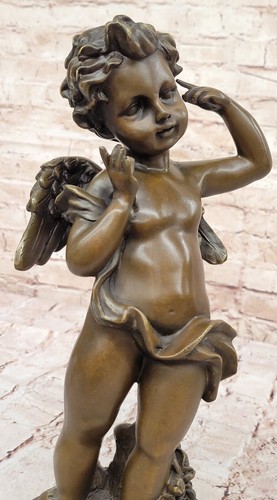 Figurativa de bronce puro ángel alado querubín niño desnudo escultura base de mármol figurativa - Imagen 6 de 10