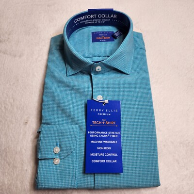 Perry Ellis Premium Non-Iron Slim Fit Dress Shirt Turquoise Check