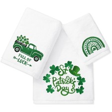 St.Patrick's Day Bathroom Towels Set of 3 Cotton Embroidered Irish Shamrock Towe
