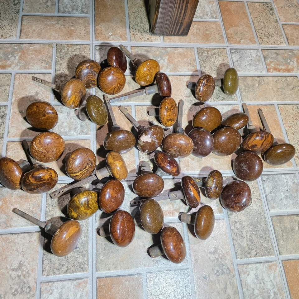 (38) Antique Porcelain Door Knobs - Brown Tiger Swirl Bennington round marbled - Image 3 of 4
