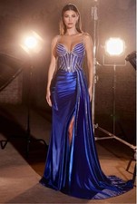 Ladivine CDS440 Fitted Satin Gown with Beaded Bodice