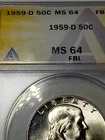 1959-D Franklin Half Dollar MS64 ANACS FBL 50C Beautiful Coin