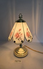 Vintage Brass Plated Pink Touch Table Lamp W/ Floral Glass Panels