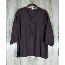 Match Point USA Linen Top Size Medium Dark Plum Purple Vneck 3/4 Sleeves