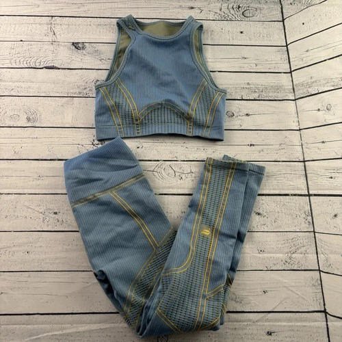 Fabletics Ribbed Sports Bra High Rise Leggings Set Women's Small Blue Yellow