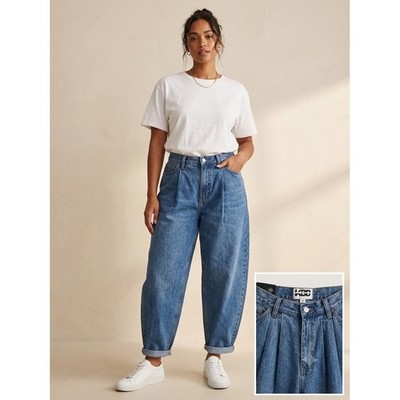 KBB by Kahlana Barfield Brown Barrel Leg Pleated Jeans Medium Wash Blue Size 10