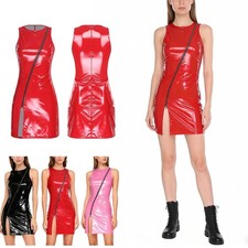 Womens Glossy Leather Micro Dress Party Slant Zipper Mini Bodycon Party Dresses