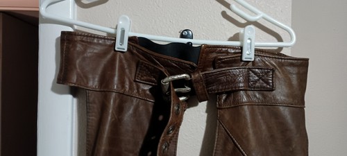 Vintage Harley Davidson Motorcycle Chaps Size Large Brown Leather 38" Length - Bild 7 von 23