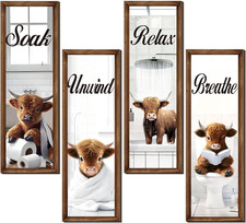 4 Pcs Highland Cow Funny Bathroom Decor Wall Art, Bathroom Highland Cow Art Prin