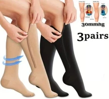 3 Pair Zipper Compression Socks Closed Toe 20-30mmHg With Zipper Safe Protection