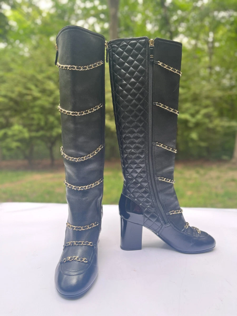 Chanel Real Leather Knee High Cc Mark Logo Riding Boots Black 