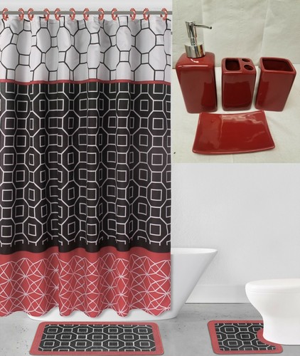 NEW 19PC Bathroom Bath Rugs Mats and Shower Curtain Set With Ceramic Accessories - Picture 6 of 19