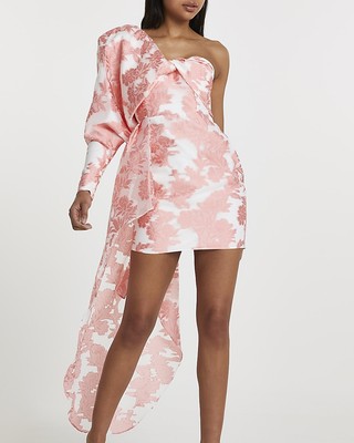 River Island Floral Pink Organza One Shoulder Embroidered Dress With Slip  16 UK